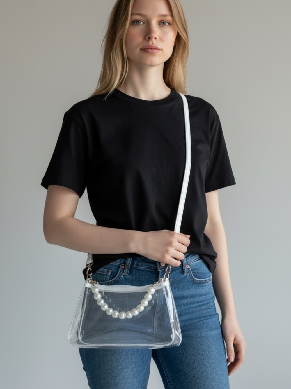 Clear Crossbody Shoulder Bag with White Trim